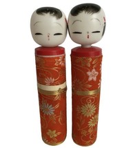 Japanese Kokeshi Doll Pair Plastic Orange Brocade Fabric 8” Vtg 60s - $29.69