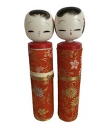 Japanese Kokeshi Doll Pair Plastic Orange Brocade Fabric 8” Vtg 60s - £23.34 GBP
