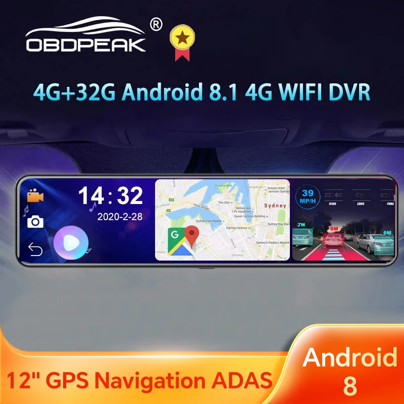 OBEPEAK D91 12&quot; Car DVR Rearview Mirror 4G Android 8.1 Dash Cam GPS Navigation - £186.04 GBP+