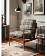 Vintage Solid Wood Armchair  Designer Plaid Single Lounge Chair for Liv... - $22,031.93 MXN