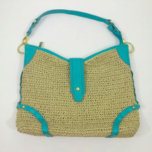 EUC Moda Turqouise Faux Leather Woven Straw Shoulder Bag 14x10x3.5 inches - £13.71 GBP