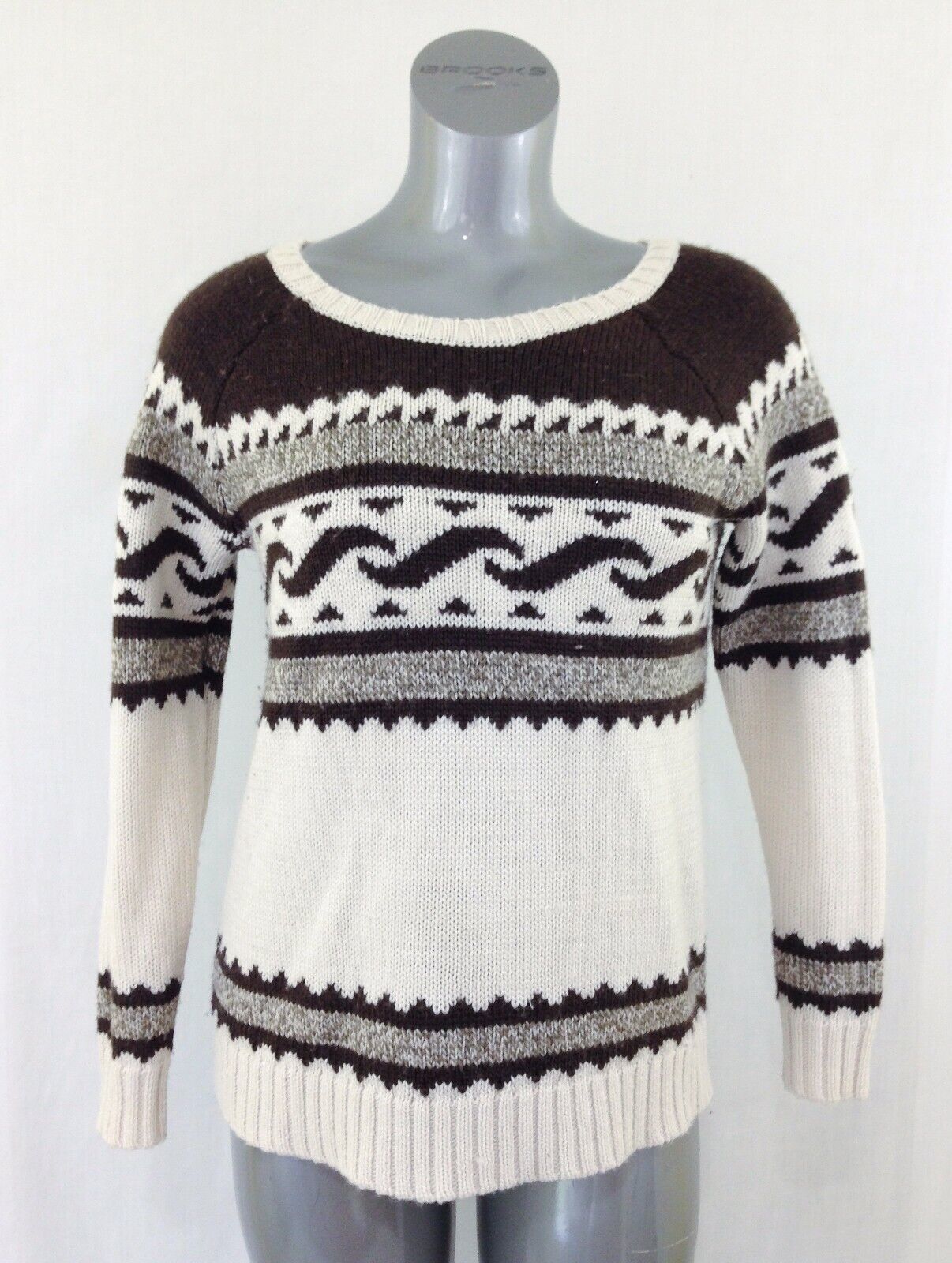 American Eagle Women&#39;s Small Long Sleeve Scoop Neck Ivory Brown Knit Swe... - $7.92