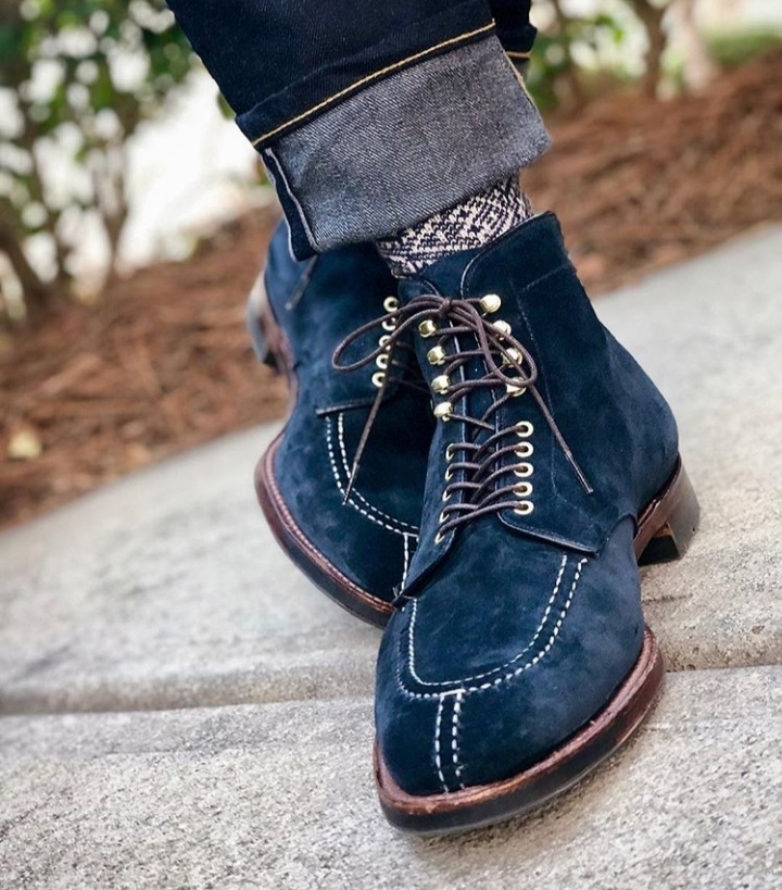 Spectator Men's Blue Suede Leather Split Toe High Ankle Laceup Boots Handmade