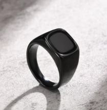 Men's 316L Stainless Steel Ip Black Cushion Signet Ring - Fast Shipping! - $19.99