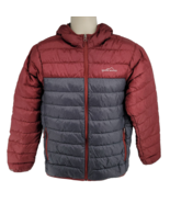 Eddie Bauer Red Gray Puffer Hooded Coat Size M Goose Down Zip Jacket EB650 - £37.93 GBP
