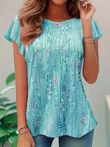 Floral Boho Shirt Stretchy NonSheer Summer Top Flutter Sleeves Machine W... - $18.85