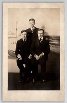 RPPC Three Gentleman Grove Fam Portrait Seaside Lighthouse Studio Postcard I22 - £7.43 GBP