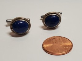 Vintage Solid STERLING 925 SILVER Natural Blue Lapis Lazuli Cuff Links 9... - $36.61
