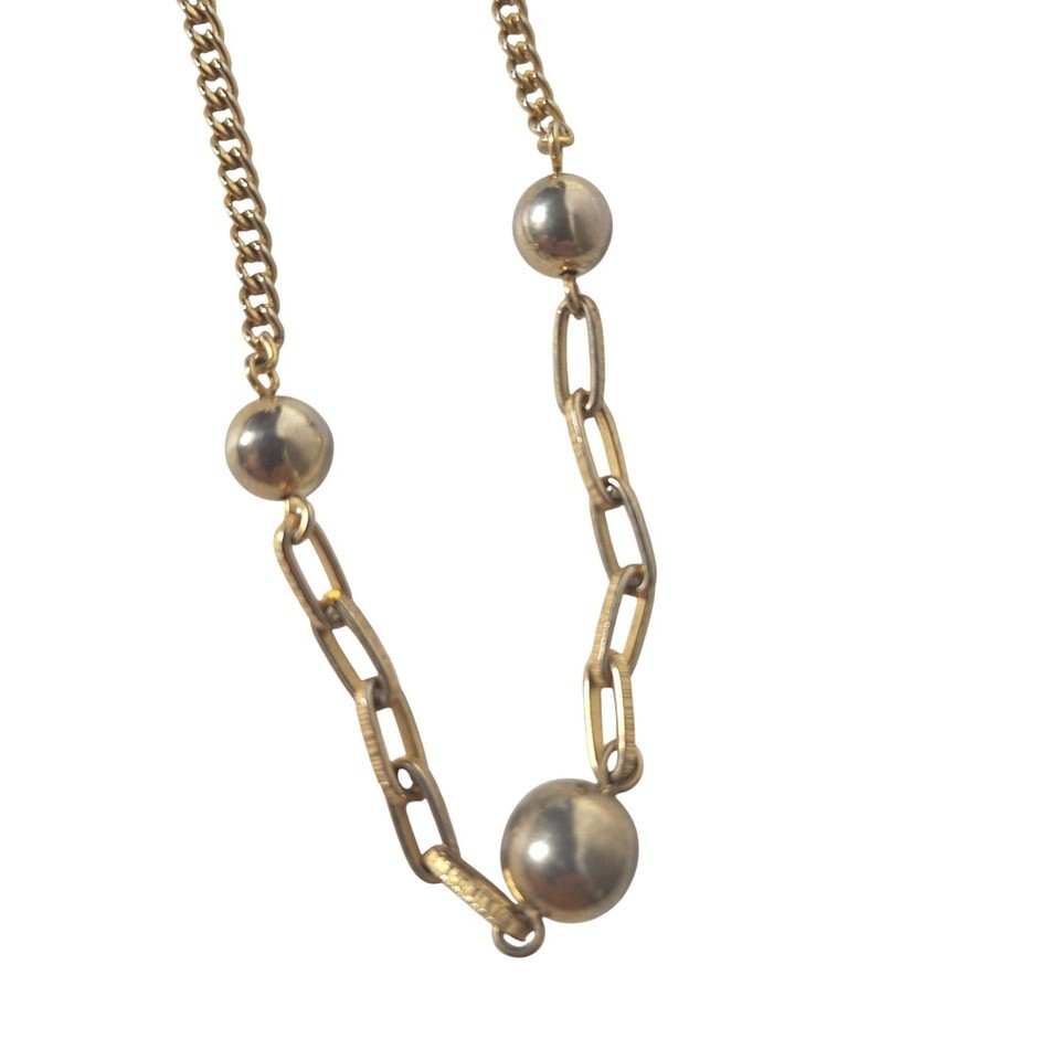 Elegant Gold-Tone Necklace Beads Textured Oval Links Asymmetrical Modern Design Item image 2