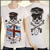 Motor City Legends Skull Shield Flag Punk Rock Biker Womens T-Shirt Whit... - $25.00