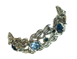 Vintage Coro Signed Bracelet Floral Blue Rhinestone Metal link flower links - £19.42 GBP