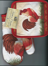 2-pc Kitchen Set Pot Holders Oven Mitt Rooster Red - £3.98 GBP