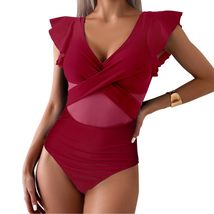 Women&#39;s Ruffle Sleeve Wrap Swimwear for Female Solid Color One Piece Swi... - £24.88 GBP