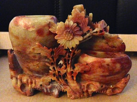 Antique 1800s Hand Carved Chinese Marbled Red Brown Floral Motif Flower Design S - £272.43 GBP