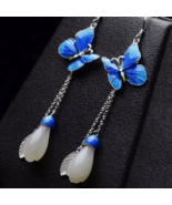 Butterflies Magnolia Flowers Jade Earrings | Retro Vintage Jewelry Flora... - £34.76 GBP
