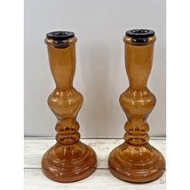 Candlestick Holders Amber Elegant Pressed Glass set of 2 Vintage 9 inches - $29.29