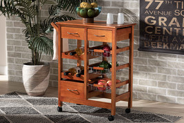 Monaco Oak Brown and Silver-Tone Metal Mobile Kitchen Storage Cart - $62.00