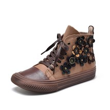 Genuine Leather Shoes Women Boots Lace-Up New Autumn Winter Round Toe Floral Ret - £99.55 GBP