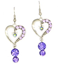 Silver love heart Violet Swarovski element crystal dangle pierced earrings - $9,999.00