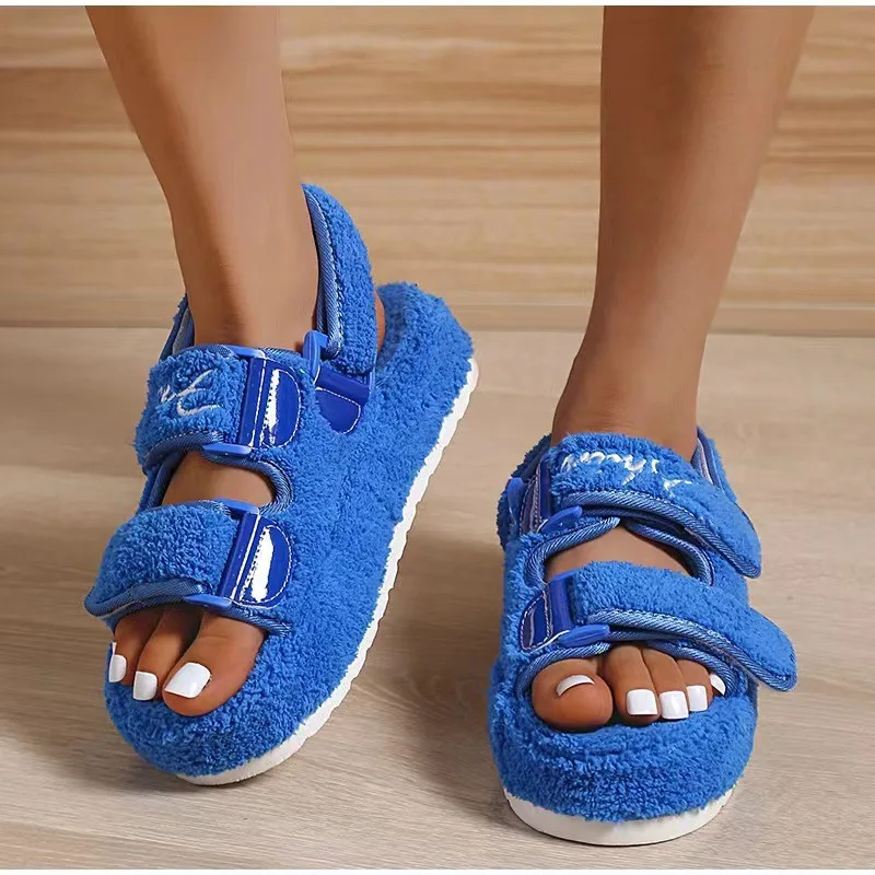 Plush Sandals for Women 2024 New Fashion Platform Shoes Retro Flat   ry Casual S - £45.73 GBP