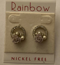 Rainbow Brand Stud Earrings .5” Round Silver W/ Purple Rose &amp; Stones   New NWT - £2.84 GBP