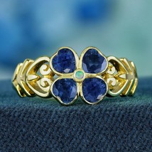 9K Yellow Gold Natural Opal Blue Sapphire Vintage Style Floral - £673.15 GBP