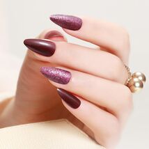 Yersunsy 24Pcs Almond Long Press On Nails Glitter Bling Wine Red - $93.65 MXN
