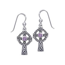 Jewelry Trends Celtic Cross Sterling Silver Dangle Earrings Purple Amethyst Ston - £40.71 GBP
