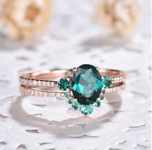 Lab Created  Emerald Engagement Ring, Vintage Wedding Jewelry, Bridal Set - £88.31 GBP