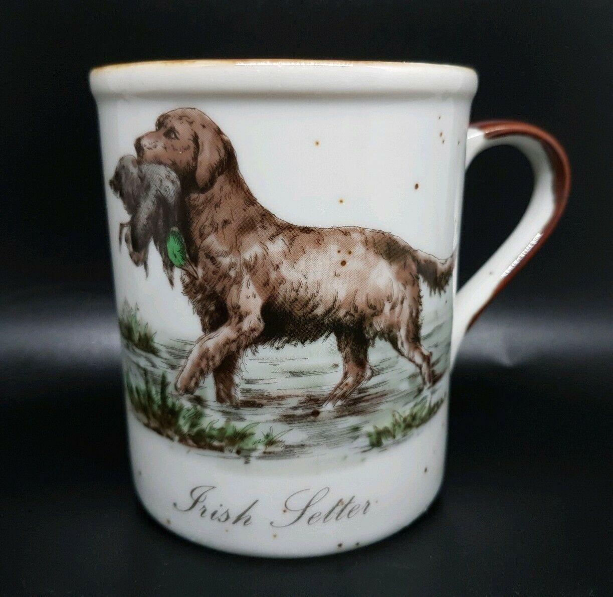 Vintage Enesco Ivory with Brown Speckled Stoneware Mug Irish Setter Hunting Dog - $6.99