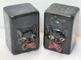 2 Black Cat Pepper Shaker Redware Shafford Japan Vintage MCM 1950s Missing Stop - £29.48 GBP