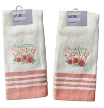 Vintage Y2K Kohls Celebrate Happy Spring Embroidered Tip Towel Pink &amp; Wh... - $7.42