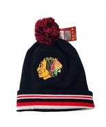 NHL Chicago Blackhawks  Big Logo Mitchell &amp; Ness Knit Blk Red Beanie Pom... - $523.51 MXN