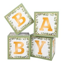 Sage Green Baby Boxes 4Pcs Baby Shower Decorations With Letters And Printed Euca - £17.90 GBP