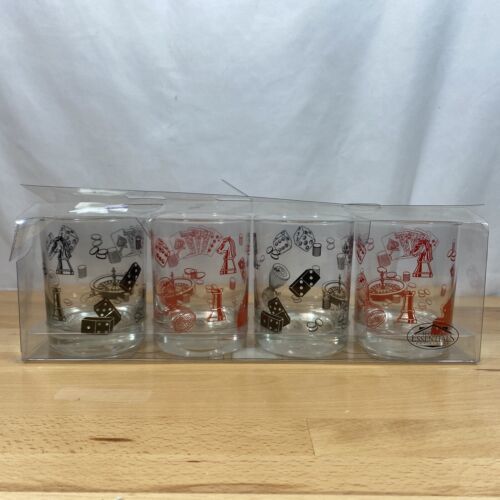 HOME ESSENTIALS CASINO CARD GAMES TUMBLERS ROCKS GLASS SET OF 4 LARGE RED/BLACK - $16.99