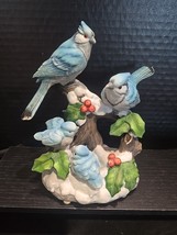 Wintertime Woodland Blue Jays Figurine 7&quot; Family Snowy Branch Holly Berries - $470.22 MXN