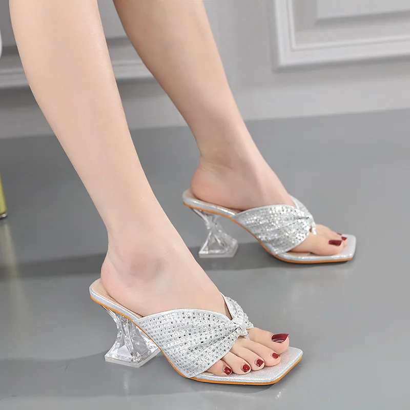 2024 New Summer Women&#39;s Shoes Sequin Crystal Heel Slip Fashion Slippers Blingbli - £52.70 GBP