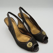 Coach Shoes Womens Sz 10 Brook Slingback 3&quot; Heels Peep Toe Brown Signature Logo - £27.86 GBP