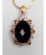 Vintage Lindenwold Black Pendant with White Stones Gold Tone Chain 26&quot; - £26.03 GBP
