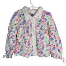 Handmade Knitted Baby Jacket Sweater Flower Buttons Ribbons Long Sleeve - £19.64 GBP