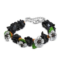 Gorgeous Silver Tropical Flower Garland Handcrafted Leather Bracelet - £15.02 GBP