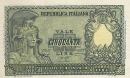 Italie, 50 Lire, 1951 Émission, Italia - Republica Italiana, P91, UNC - $46.78