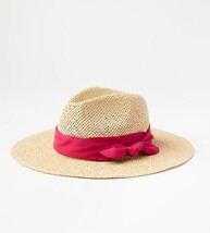 New LOFT Women Fedora Hat Sz S/M Natural Straw Pink Ribbon Bow 3&quot; Wide Brim - £21.33 GBP
