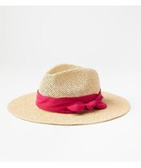 New LOFT Women Fedora Hat Sz S/M Natural Straw Pink Ribbon Bow 3&quot; Wide Brim - £21.04 GBP