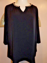 Womens Liz Claiborne 2X Black with Rhinestone Neck Blouse top 3/4 Sleeve - £11.47 GBP