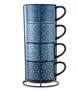 Five (5) Thyme &amp; Table ~ BLUE FLOWERS &amp; SHAPES ~ Stacking Mugs w/Rack - $1,100.29 MXN