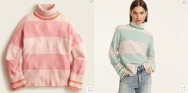 New J Crew Green Pink Striped Turtleneck Merino Wool Crop Sweater S M Si... - £31.96 GBP