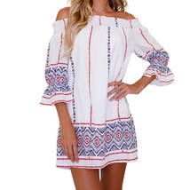 womens off the shoulder dress Geometric Printing Summer Mini Beach Dress - £19.17 GBP
