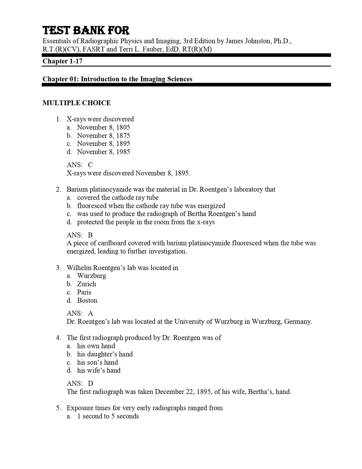 Test Bank For Essentials of Radiographic Physics and Imaging, 3rd Editio... - $17.99
