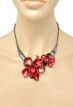 Red Crystal Flowers Enameled Statement Casual Chic Necklace Earrings Set - $23.75